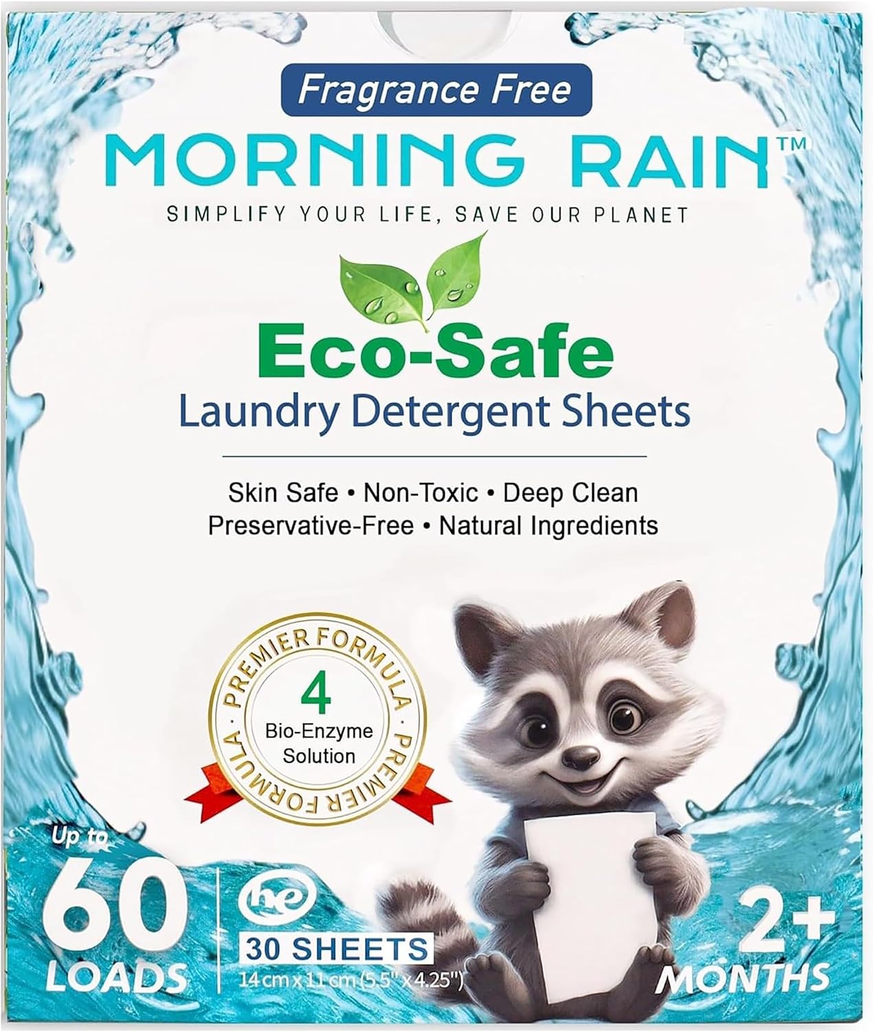 Morning Rain Fragrance Free laundry detergent sheets, 60 loads