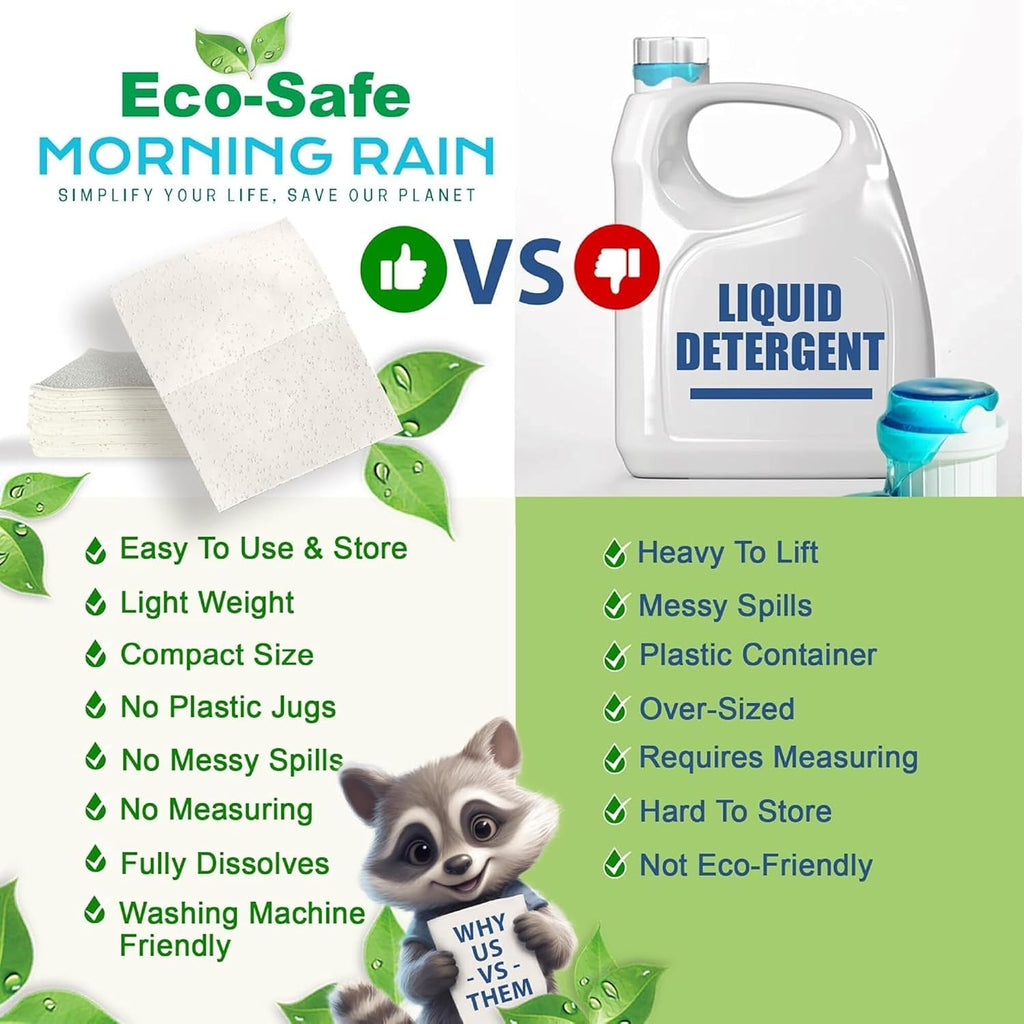 Morning Rain laundry detergent sheets compared with liquid detergent