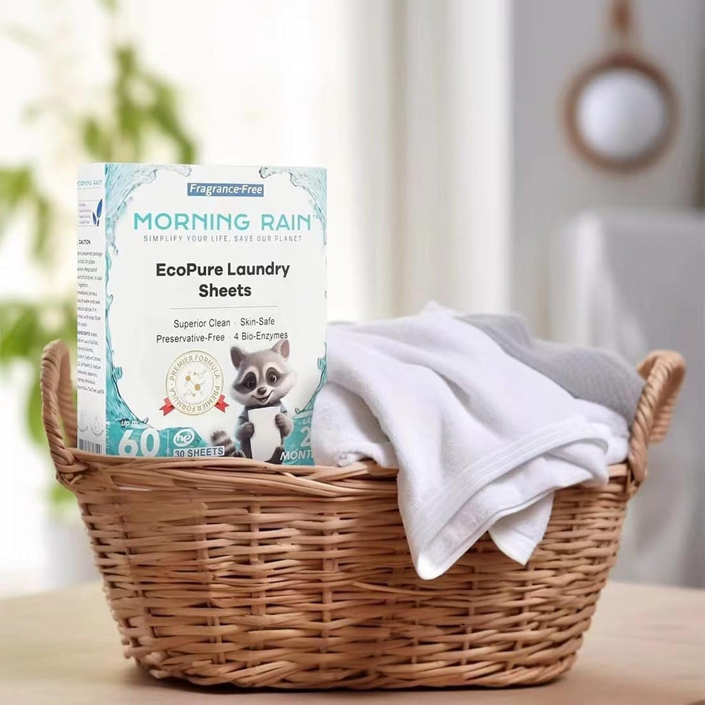 Morning Rain Fragrance Free 60-load laundry sheets with clean laundry