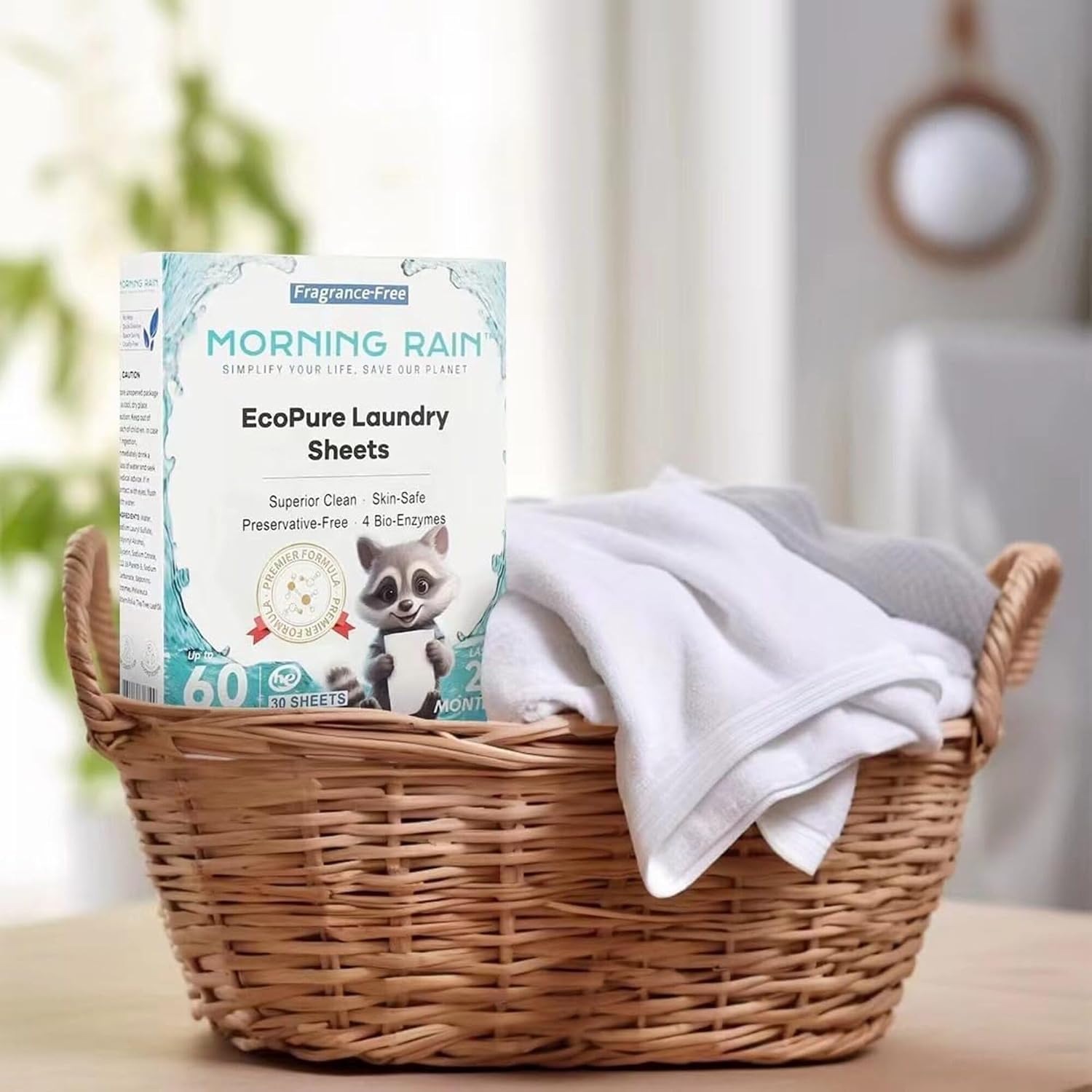 Morning Rain Fragrance Free 60-load laundry sheets with clean laundry