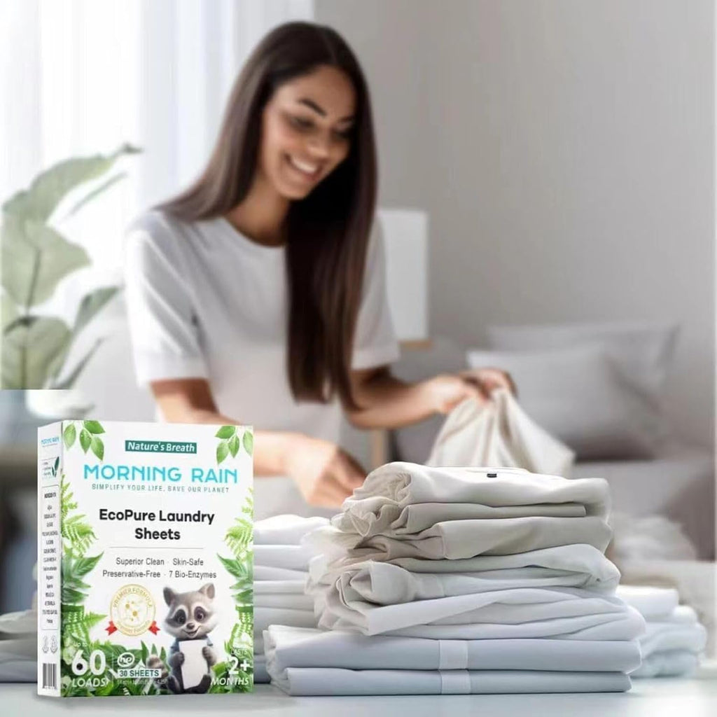 Morning Rain Fresh Garden Sense 60-load laundry sheets with folded laundry