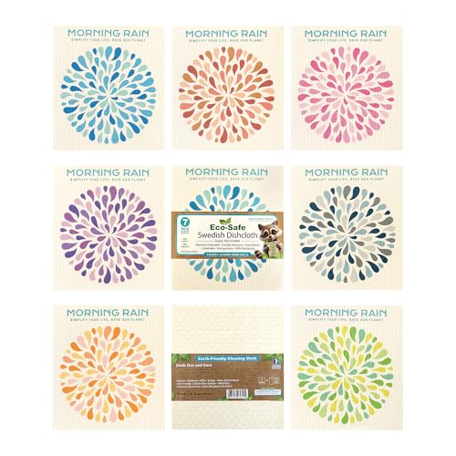Morning Rain Swedish Dishcloth 7 Pack with seven reusable cloth designs