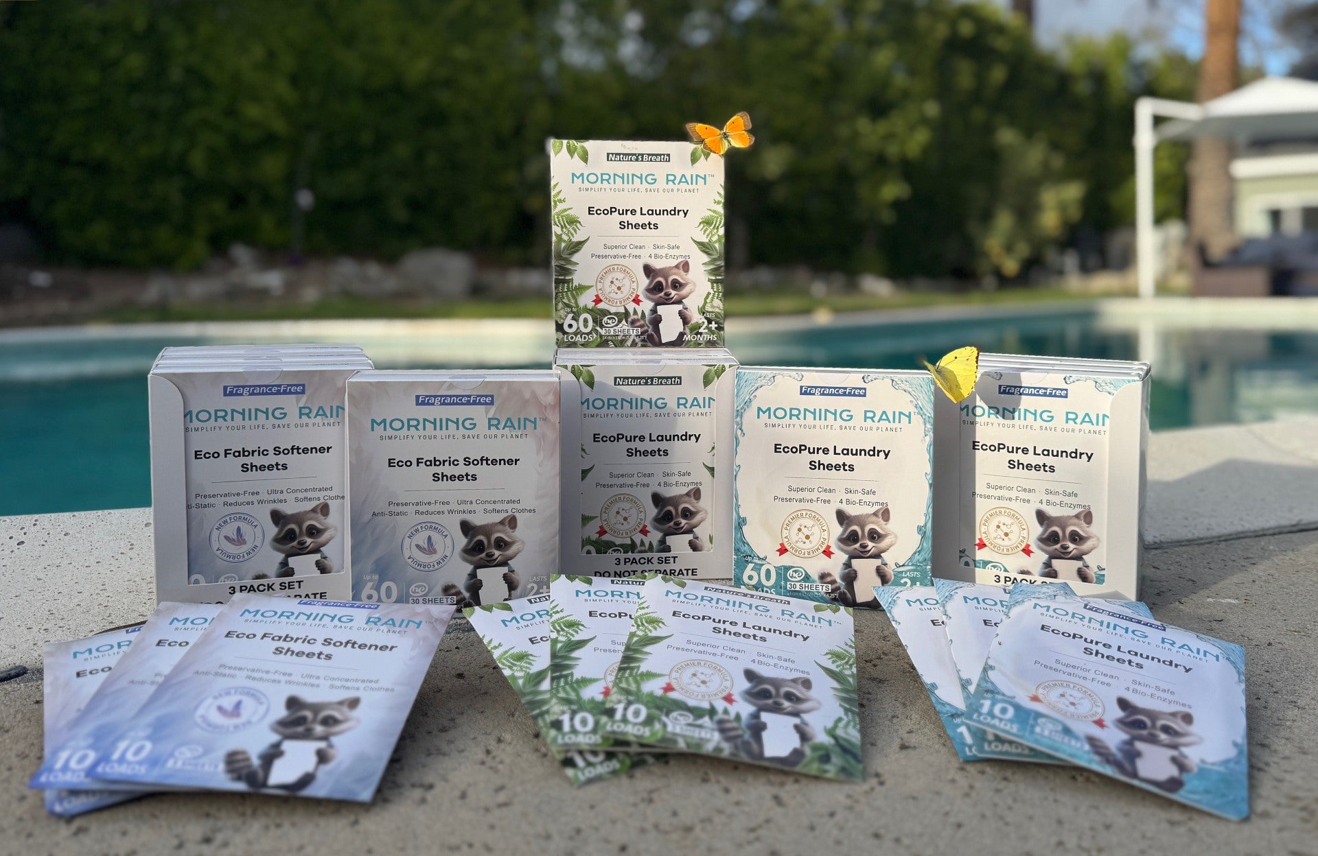 Morning Rain wholesale product lineup with laundry sheets and fabric softener sheets