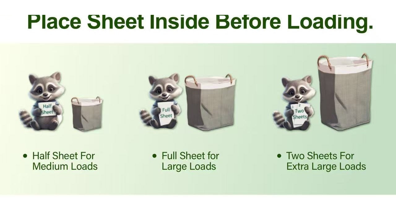 Morning Rain laundry sheet loading guide with half sheet, full sheet, and two sheet load sizes