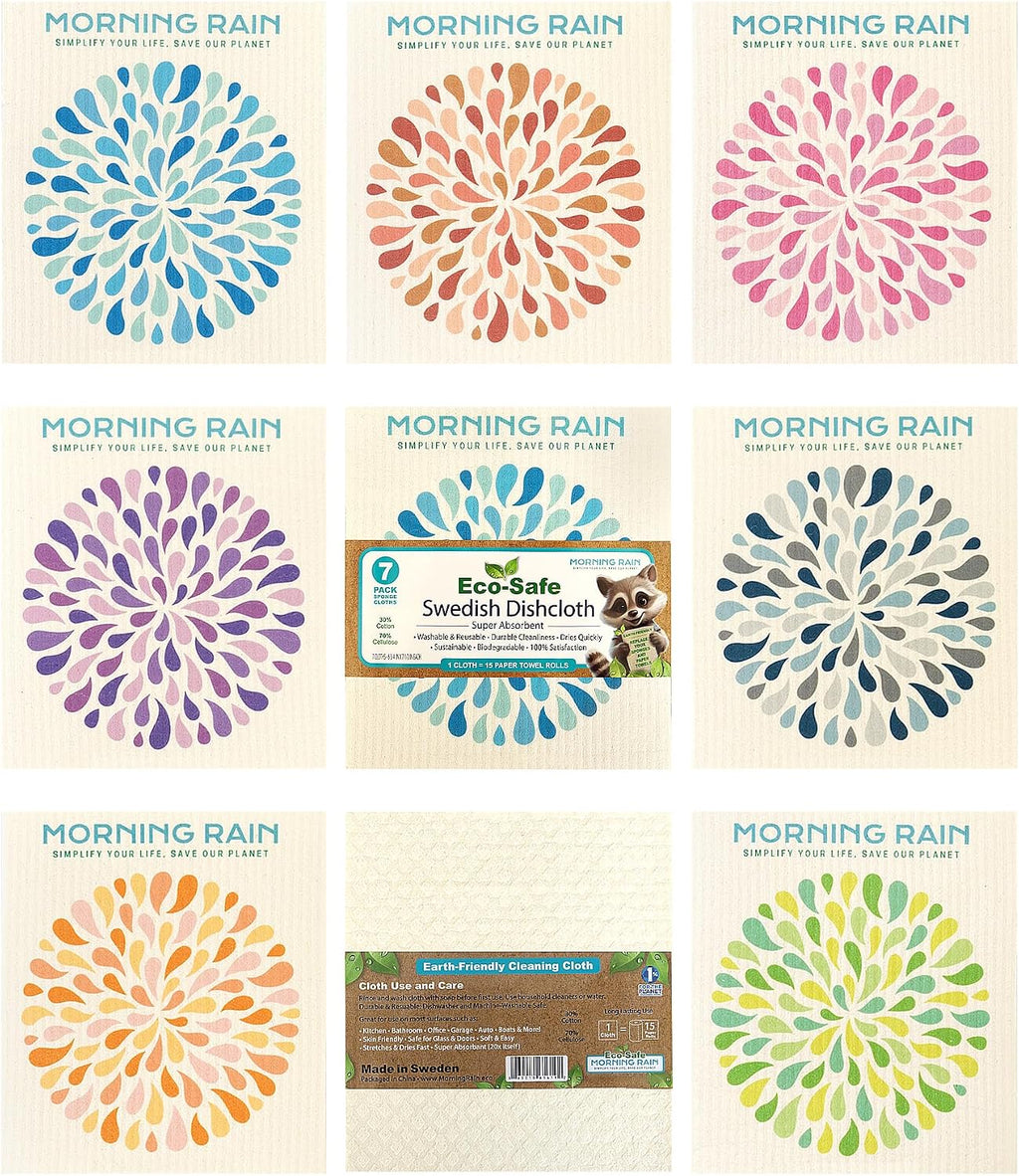 Morning Rain Swedish Dishcloths 7 Pack with seven colorful reusable cloth designs and retail label