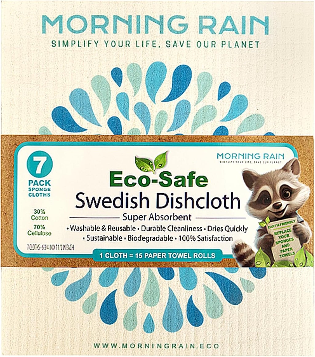 Morning Rain Eco-Safe Swedish Dishcloth retail 7-pack with 15 paper towel roll replacement claim