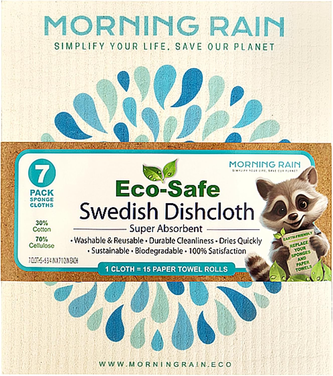 Morning Rain Eco-Safe Swedish Dishcloth retail 7-pack with 15 paper towel roll replacement claim