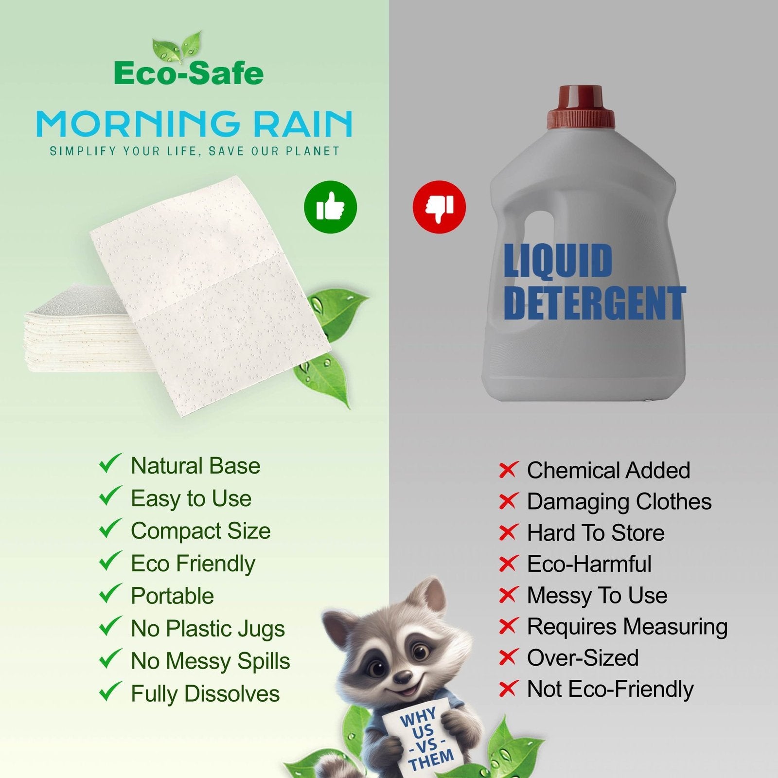 Morning Rain laundry sheets compared with liquid detergent bottles